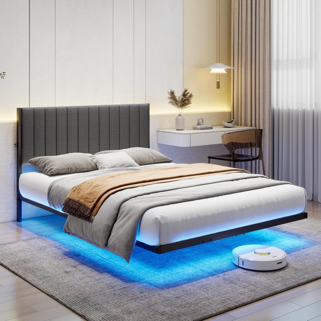 ARFARLY Bett 120×200 cm mit LED Beleuchtung und Ladestation Bettrahmen mit…