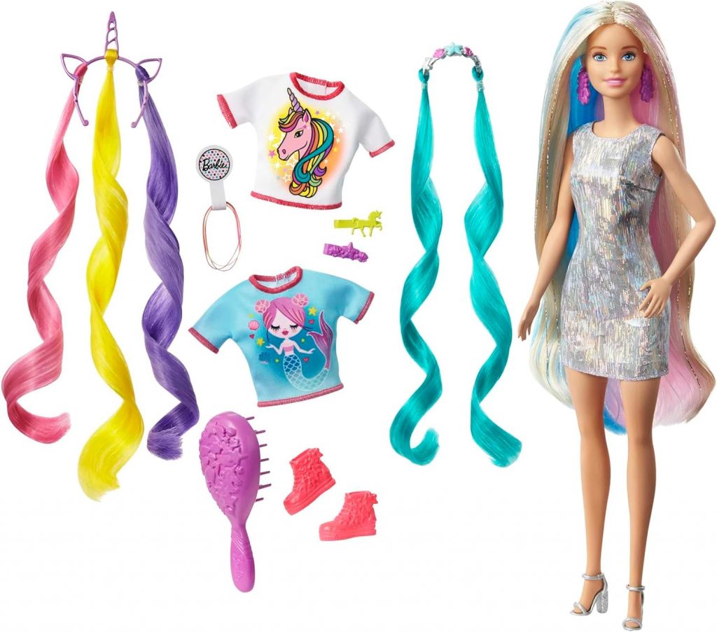 Barbie Einhorn-Puppe mit Meerjungfrauenhaar und Einhorn-Haarkrönchen, Accessoires inklusive Geschenke für Kinder ab…
