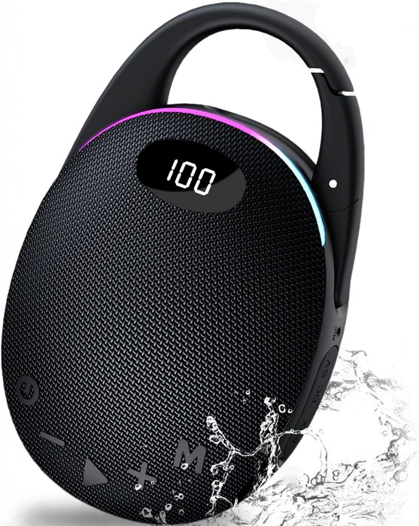 Tragbare Bluetooth Lautsprecher mit Licht,LED Anzeige, Integrierter Karabiner, Pro Sound Musikbox, Kraftvoller Bass,25 Std Akku, RGB Lichter, TWS Kopplung, AUX, TF Karte, Geeignet Outdoor/Party/Reisen