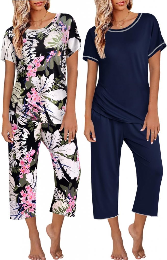 Ekouaer Pyjama Set Schlafanzüge Damen Kurzarm Top mit 3 Viertel Hose…