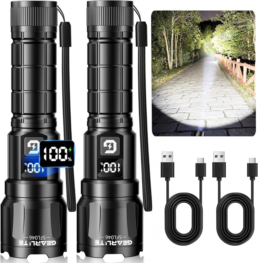 🤴 GEARLITE Taschenlampe LED Aufladbar 2St&uuml;ck, 3 Lichtmodi 6000LM Superhelle Zoombares Taschenlampen mit LCD Batterie Display, IP65 Wasserdichte & XHP70.2 Taktische Handlampe f&uuml;r Camping Wandern, Notf&auml;ll