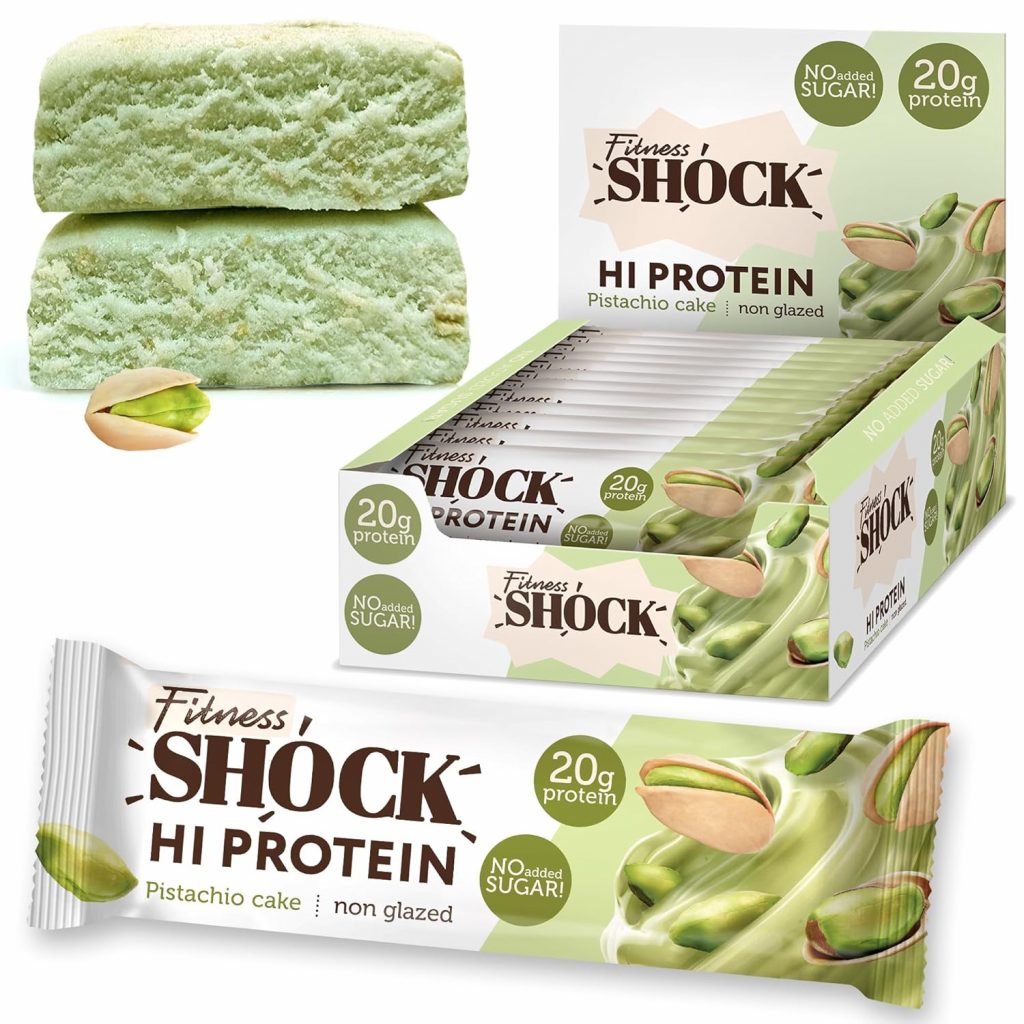 FitnesSHOCK High Proteinriegel Set mit hohem 20g Proteingehalt Eiwei&szlig;riegel ohne Zuckerzusatz kalorienarm low carb ballaststoffreich Pistazien-Kuchen Geschmack 12Stk 60g