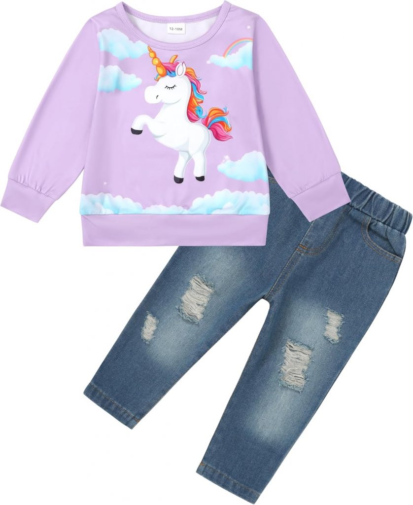 Kleinkind Baby Mädchen Kleidung 2tlg Langarm Einhorn Baumwolle Outfit Pullover Rundhals Sweatshirt & Jeans Babykleidung Set Geburtstagskleidung Weich Komfort Atmungsaktiv Alter 1-5 Jahre