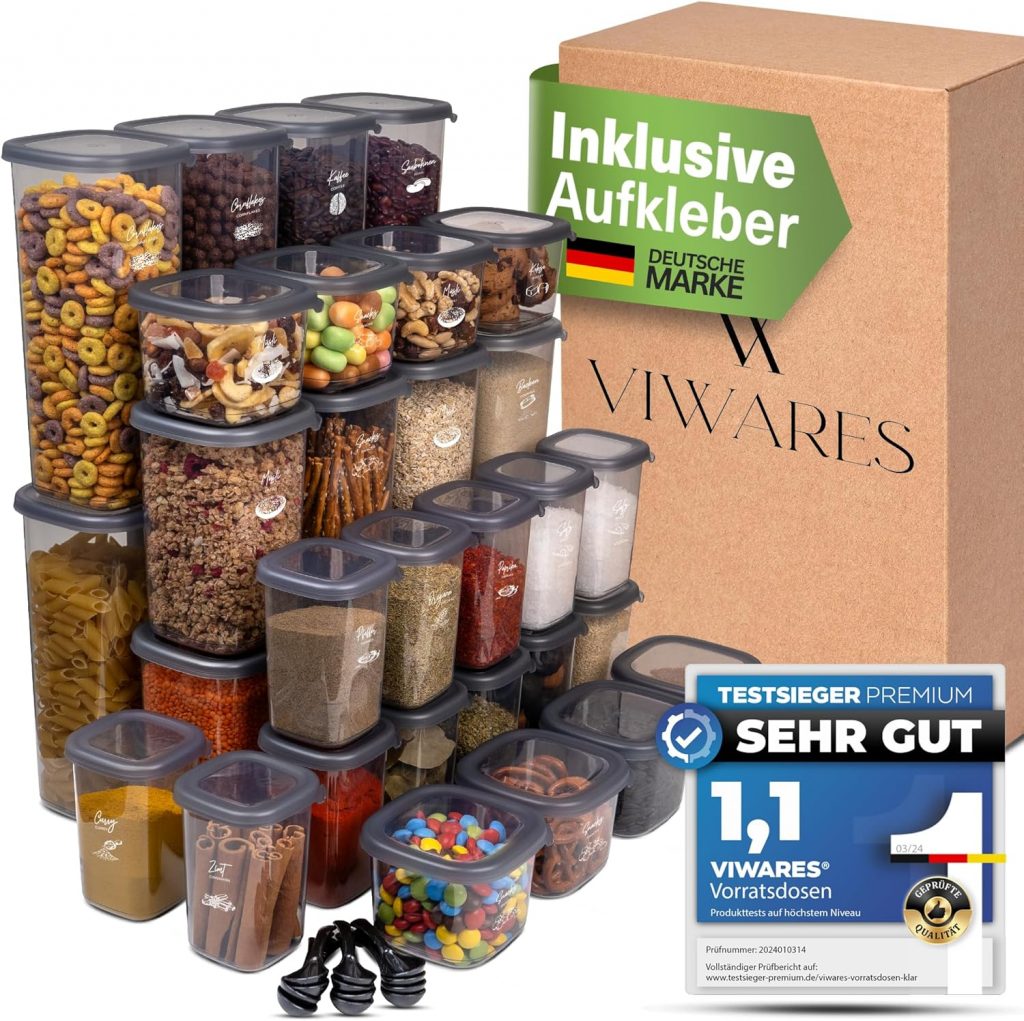 Viwares Vorratsdosen mit Deckel luftdicht – 36er Vorratsbehälter Set – Luftdichte Vorratsdosen für Gewürze Müsli Mehl Aufbewahrung Küche – Praktische Aufbewahrungsbox Küche für Lebensmittel