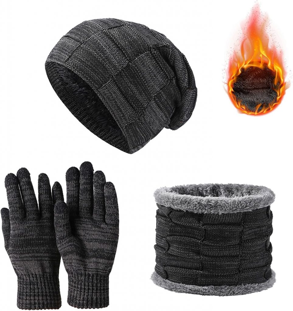 JXCTNNU Mütze Schal Handschuh Sets Wintermütze Unisex Beanie Strickmütze Winterschal Thermo Touchscreen Handschuhe…