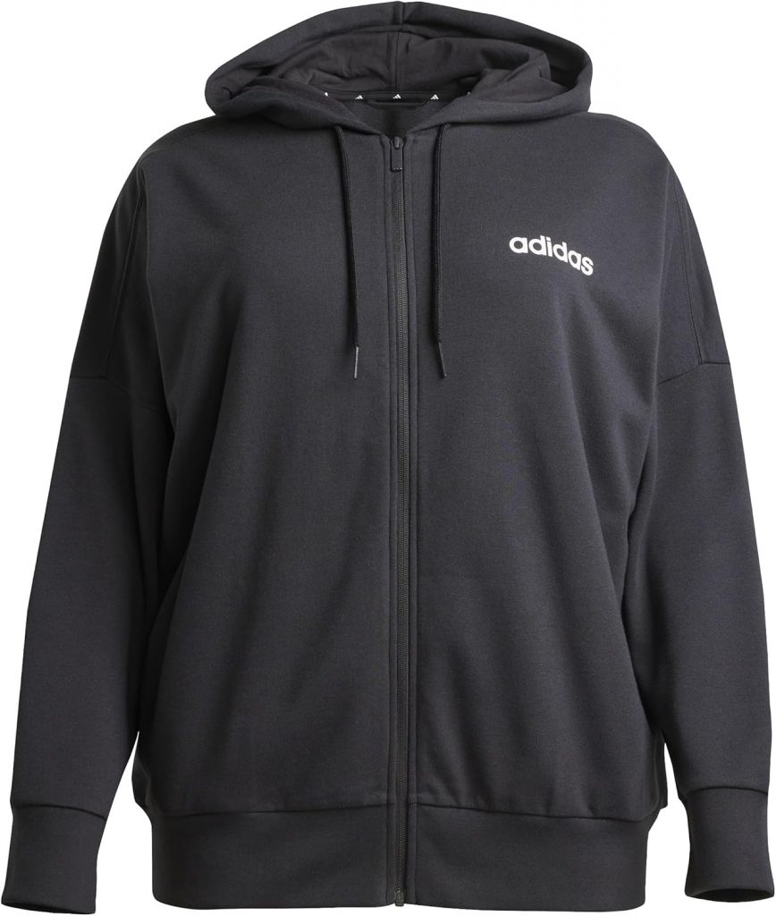adidas Women's Essentials LINEAR Full Zip French Terry Hoodie, Black/White, S