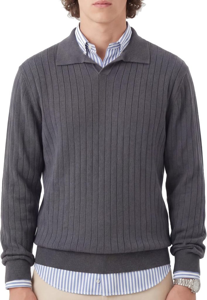 GLESTORE Poloshirt Herren Strickpullover Langarm Polo V Ausschnitt Gestreiftes…