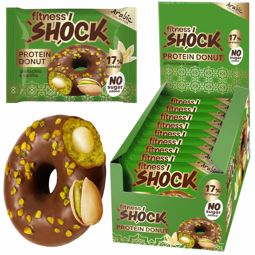 FitnesSHOCK Protein Donut Kekse-Biskuit in dunkler Schokolade mit Streuseln, 12g/17% Eiweiß ohne Zuckerzusatz ballaststoffreicher Snack mit Vanille-Füllung Palmölfrei – Pistazien Geschmack 9x70g