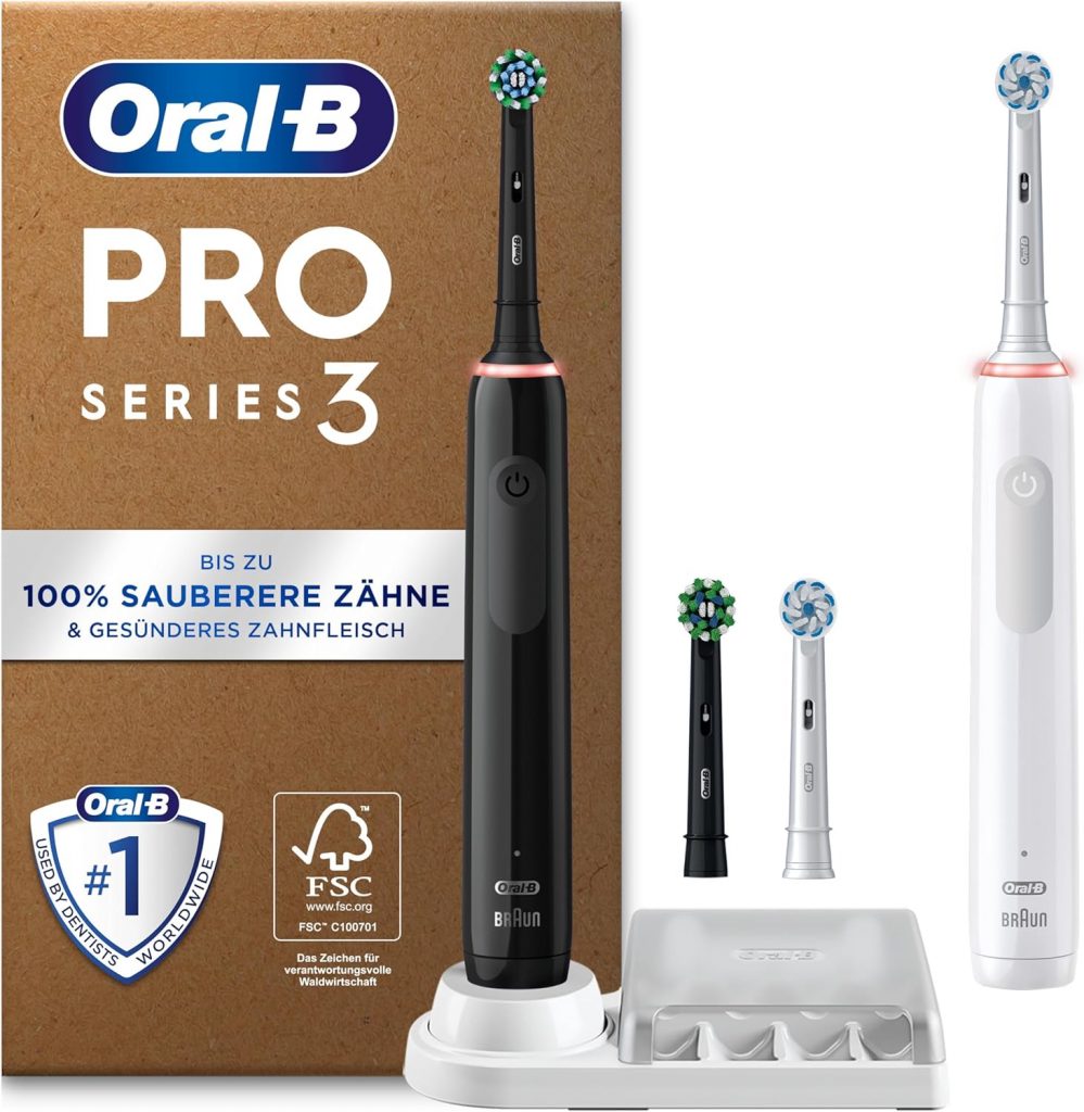 Oral-B Pro Series 3 Elektrische Zahnbürste Doppelpack — Electric Toothbrush, Inkl. 4 Aufsteckbürsten — 3 Putzmodi für Zahnpflege, Zahnbürste Elektrisch, Designed by Braun, Schwarz und Weiß