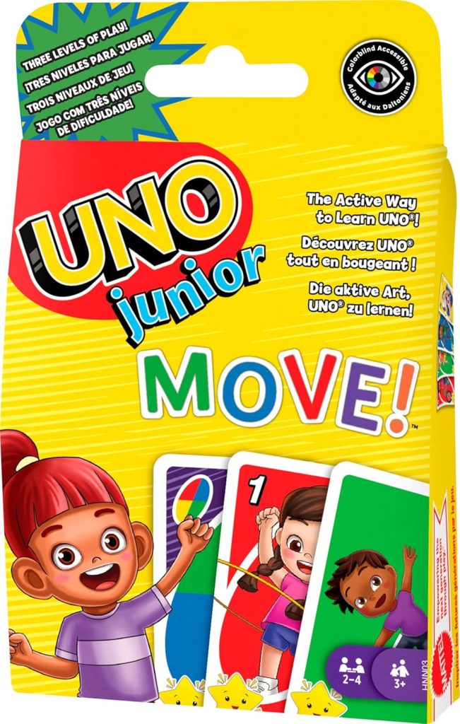 UNO Junior Move! – Aktive Variante des Kartenspiels, 3 Schwierigkeitsstufen für Einstieg jüngerer Spieler…