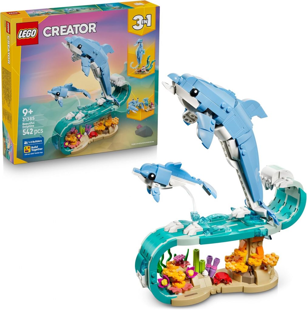 LEGO Creator 3-in-1-Set Meerestiere: Wunderschöne Delfine – Tierfiguren – Set mit 3 Optionen: Delfine, Seepferdchen & Krabbe – Spielzeug für Kinder ab 9 Jahren – Geschenk für Mädchen & Jungen – 31