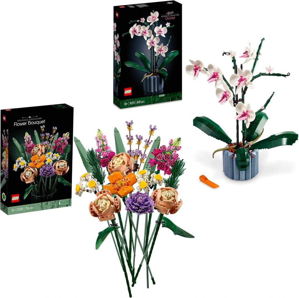 LEGO Blumige Fusion Bundle – Enthält die Bausets Blumenstrauß (10280) und Orchidee (10311) mit künstlichen Blumen für Erwachsene und als Deko zu Hause– Valentinstagsgeschenk für Frauen und Männer