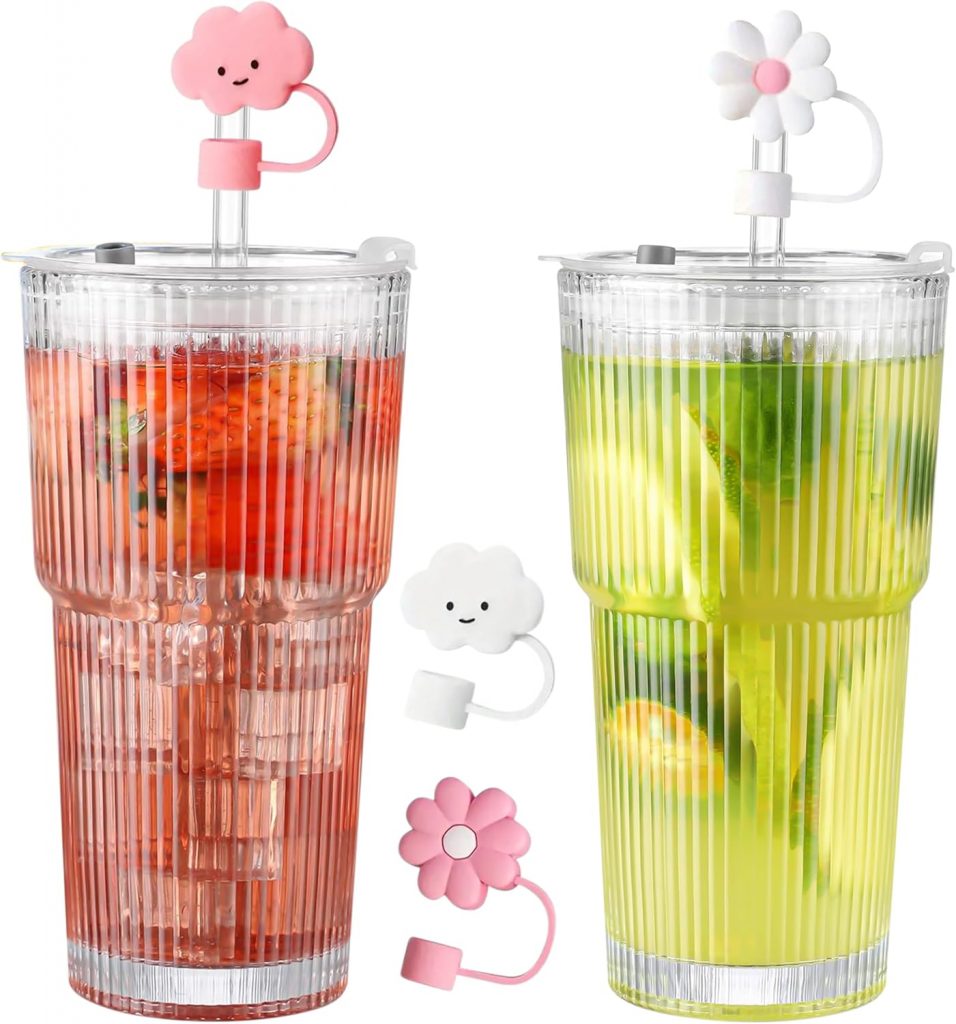 GwaOery 600ml Glasbecher mit Deckel und Strohhalm Glas Bubble Tea Becher Glasbecher Trinkglas mit Strohhalm und…