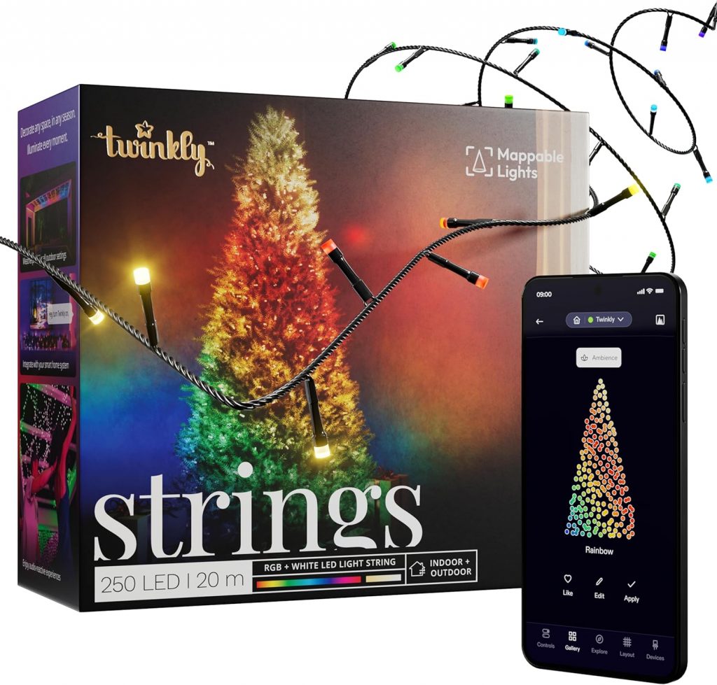 Twinkly Strings 250 LED RGB+ Weiß, LED-Lichterkette, Smarte LEDs für den Innen- und Außenbereich, Kompatibel mit Alexa und Google Home, IP44, App-Steuerung, Schwarzes Kabel, 20m