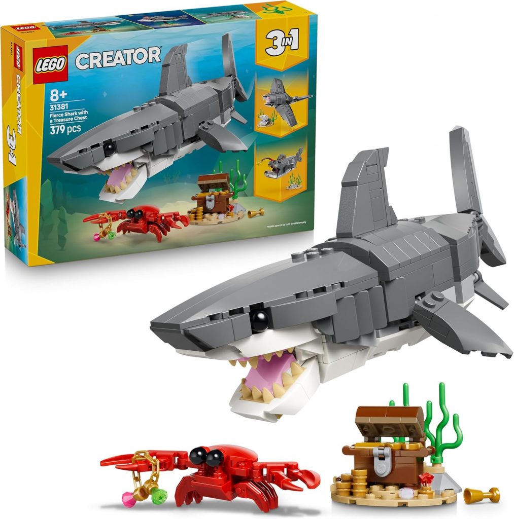 LEGO Creator 3-in-1-Set Wilder Hai mit Schatztruhe – Kreatives Spielzeug & Konstruktionsspielzeug – Meerestiere…