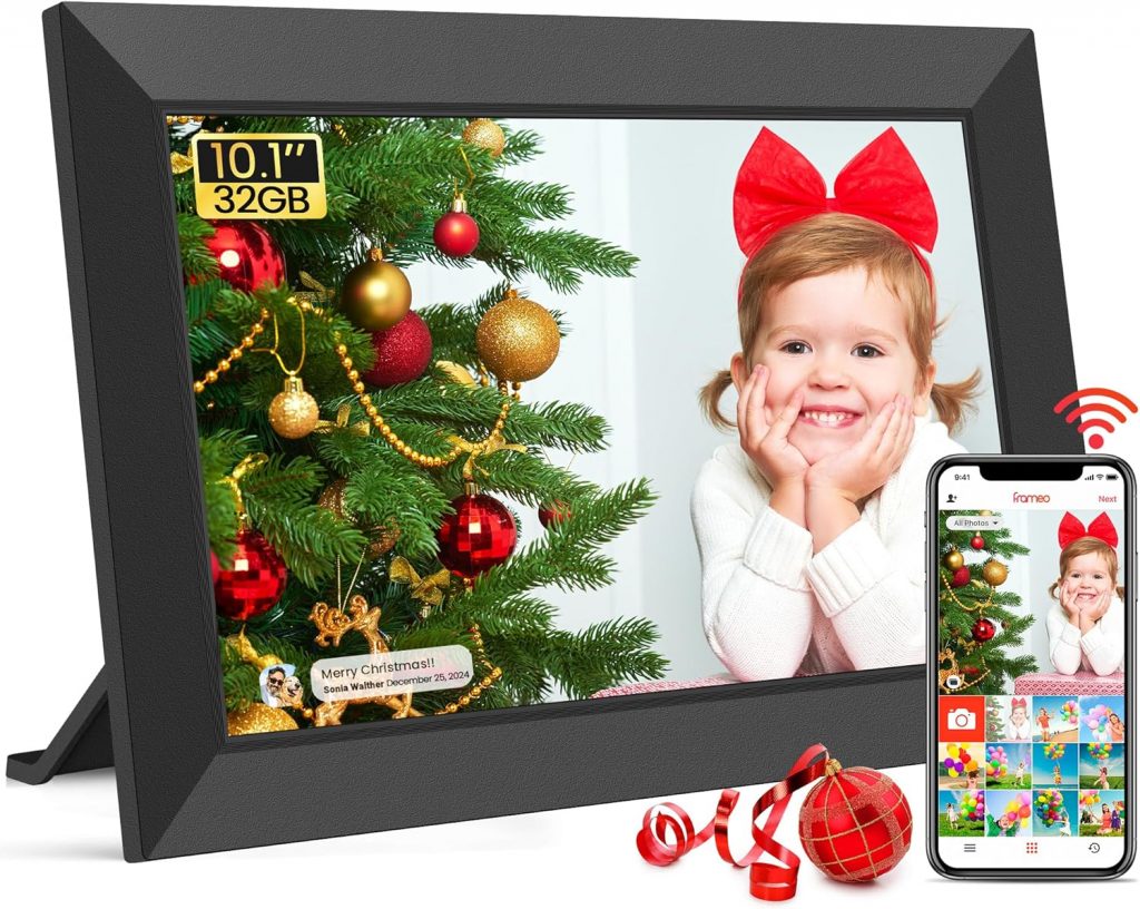 Frameo WLAN Digitaler Bilderrahmen 10,1 Zoll, HD 1280 * 800 IPS Touchscreen Elektronischer FotoRahmen mit 32GB Speicher, Auto Drehung, Einfache Weitergabe von Fotos Videos über Frameo App