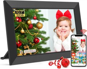 Frameo WLAN Digitaler Bilderrahmen 10,1 Zoll, HD 1280 * 800 IPS Touchscreen Elektronischer FotoRahmen mit 32GB Speicher, Auto Drehung, Einfache Weitergabe von Fotos Videos über Frameo App