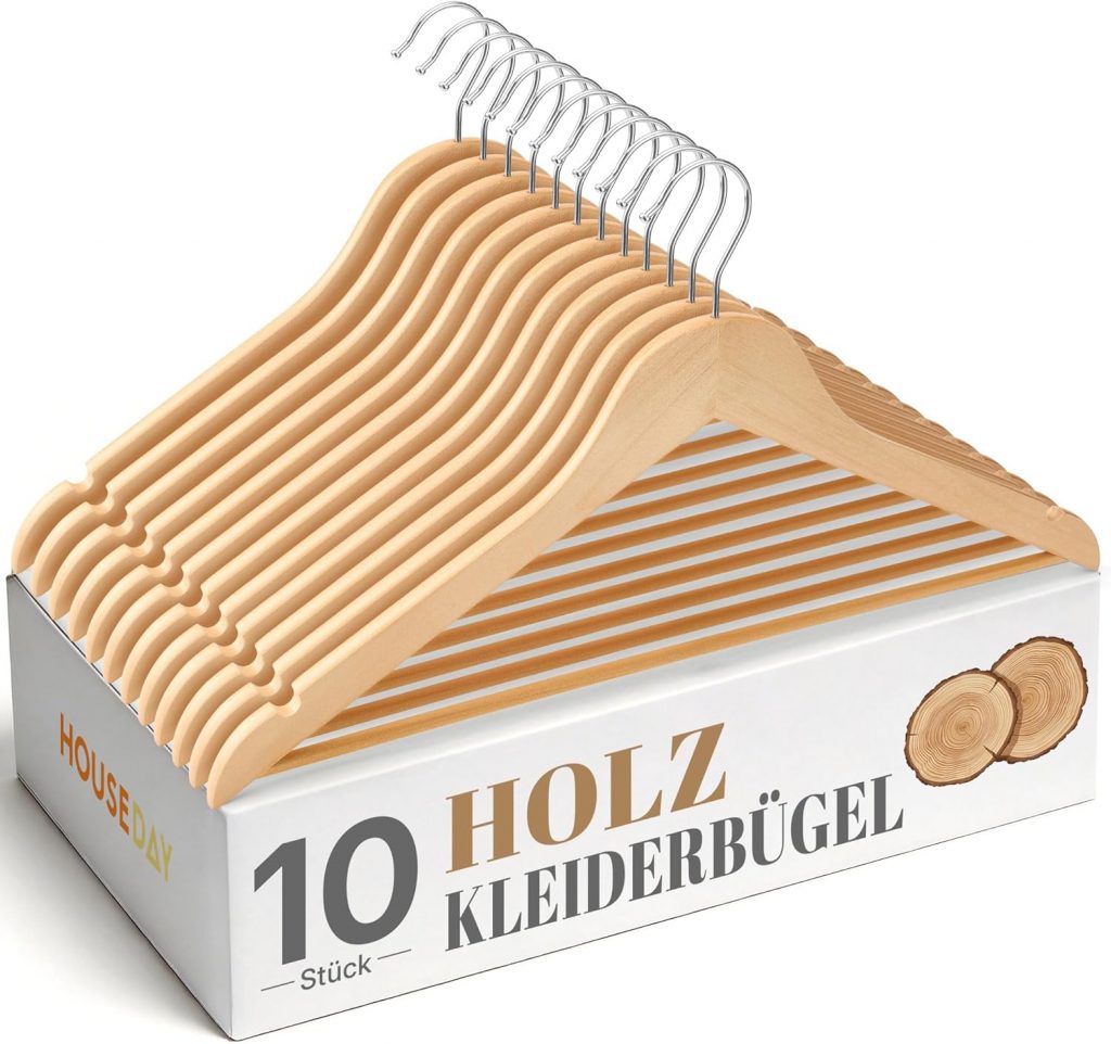 HOUSE DAY Kleiderb&uuml;gel Holz 10er Set, Hochwertige Holzb&uuml;gel Natur mit 360&deg; drehbarem Haken, Belastbare Garderobenb&uuml;gel Schmal & Platzsparend, Stabile Holz kleiderb&uuml;gel f&uuml;r Hemden, Anz&uuml;ge, Hosen4.19&euro; 🏷️ Coupon anwenden➡️