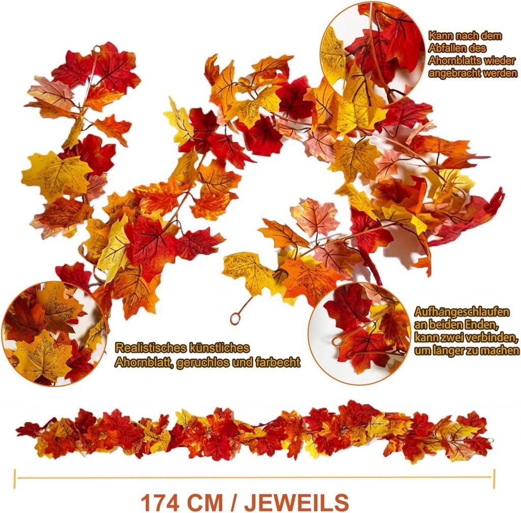 Herbst Girlande Ahornblätter, 176 cm, 2 Stück, Künstliche Ahornblätter Herbst…