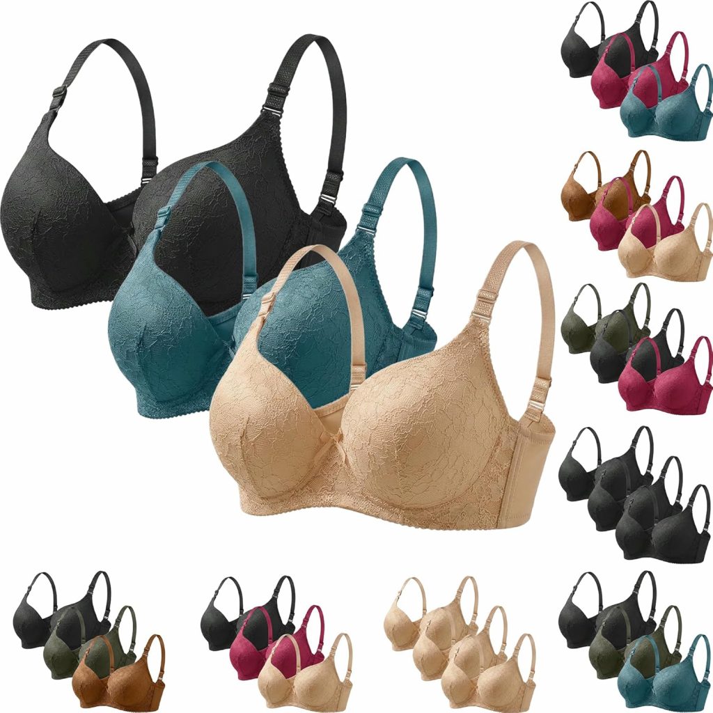 3er Pack BHS Damen Spitzen BH mit Bügel Push Up Atmungsaktive Unterwäsche Florales Muster Bequemes Bralette Verstellbare Träger Figurformendes Oberteil für tägliche Aktivitäten