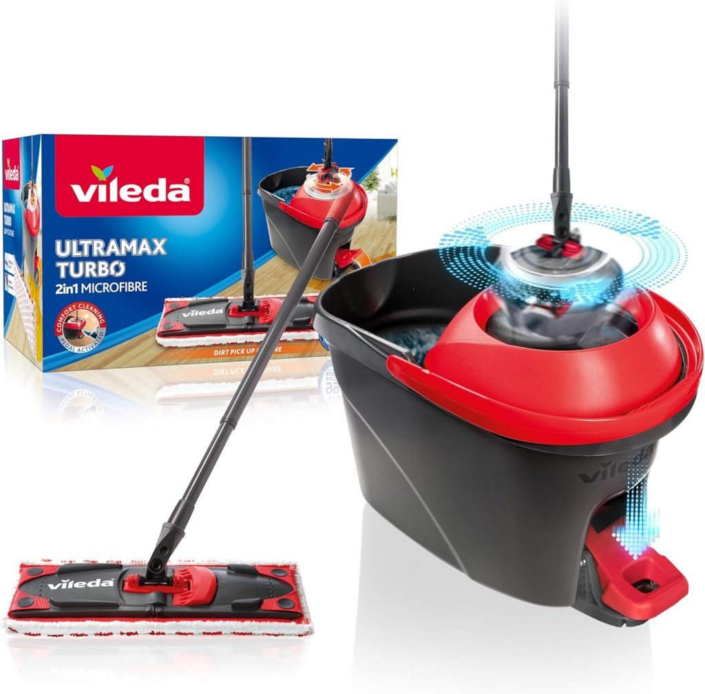 Vileda Ultramax Turbo 2in1 Bodenwischer Komplett Set Wischmopp-System mit Teleskopstiel (75–130 cm), Mikrofaserbezug & Eimer mit Powerschleuder Für Fliesen, Laminat & Parkett Eco-Verpackung