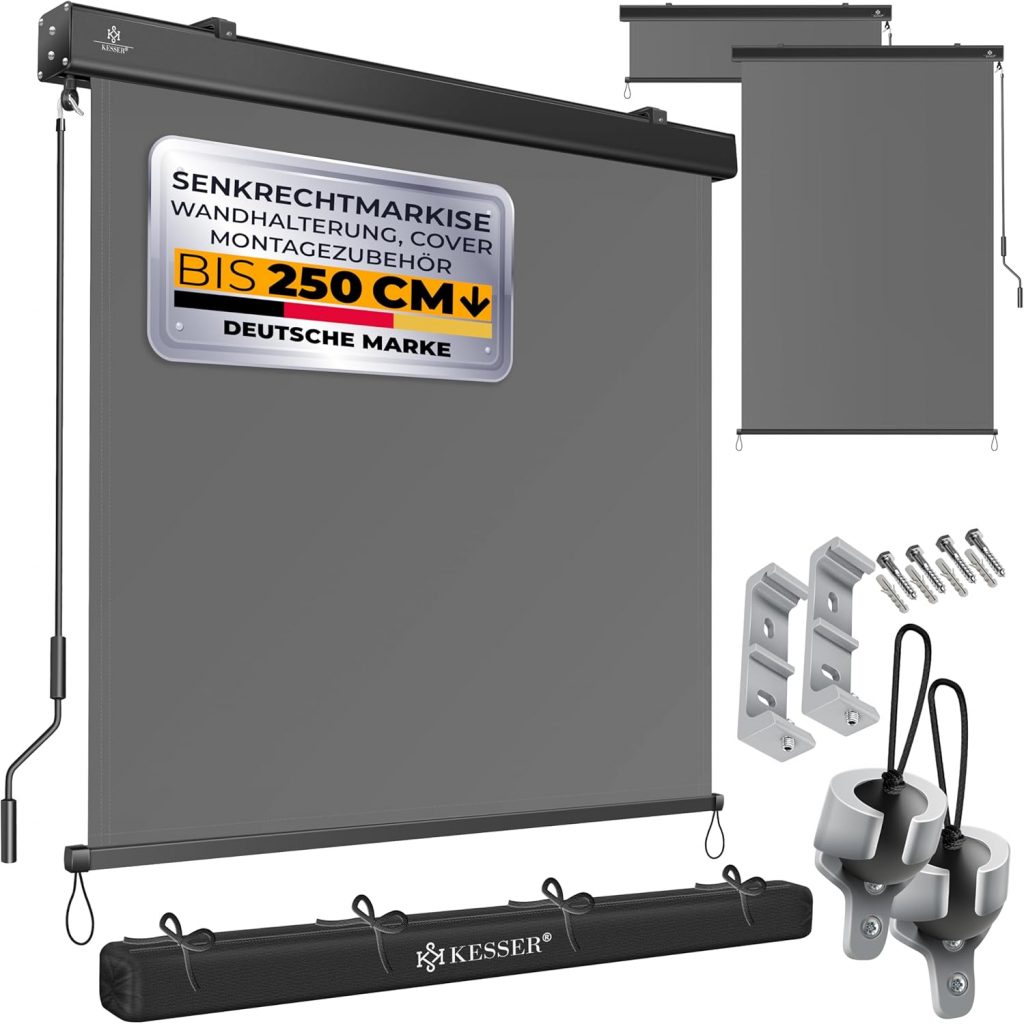 KESSER® Senkrechtmarkise 200x250cm Außenrollo Handkurbelmechanismus Balkonrollo Sonnen-und Sichtschutz Beschattung Sonnenschutz mit Kurbel Markisenkasten Balkon & Terrasse inkl Montageset & Abdeckung