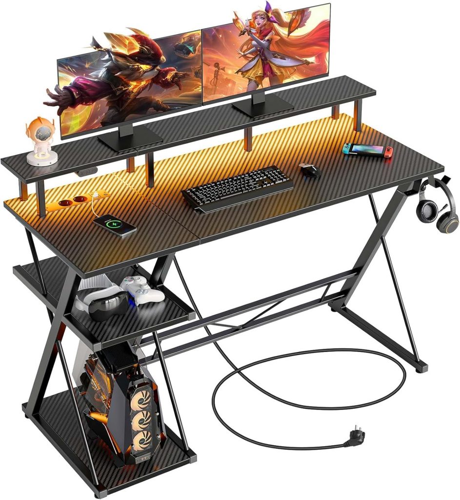 SEVEN WARRIOR Gaming Tisch mit LED & Steckdosen, Schreibtisch mit Monitorständer & Monitorhalterung, Computertisch…