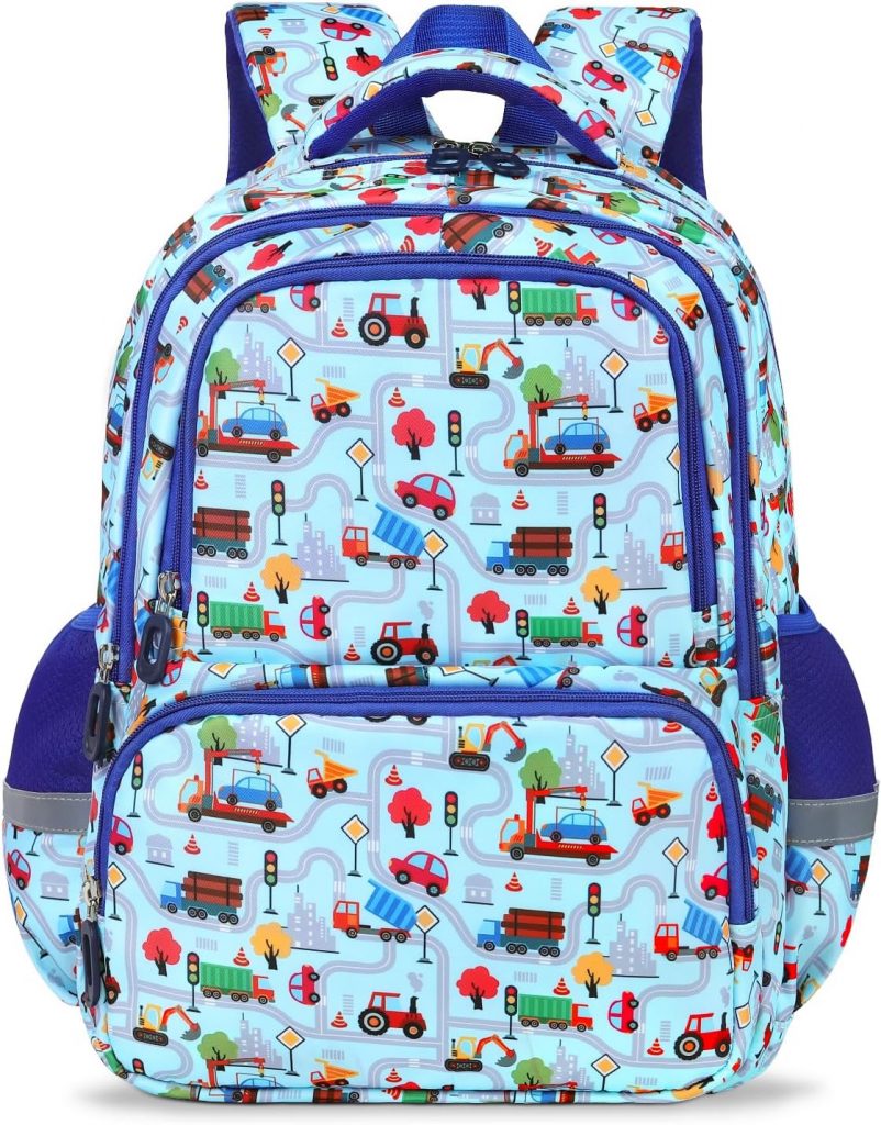 decalsweet Schulrucksack Teenager mit Brustgurt, 6-12 Jahre Lässig Kinderrucksack mit Reflexstreifen, Grosse Kapazität Leicht Rucksack Kinder, Kinderrucksack Jungen für Schule und Reise (Fahrzeuge)