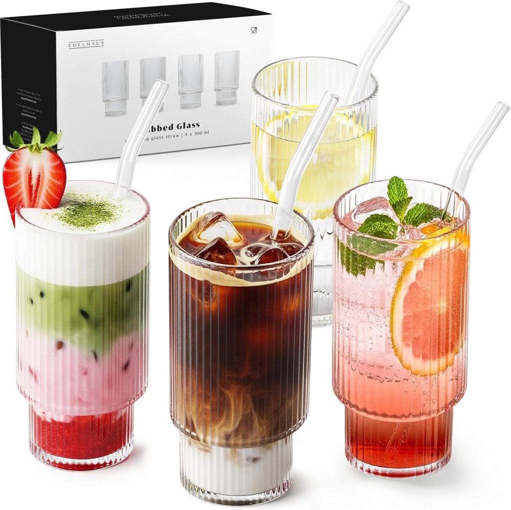 EDELHAUS Gläser Set 4-teilig mit Strohhalm (300ml) – Geriffelte Cocktailgläser, Riffle, Ripple Aesthetic, Gin, Trinkgläser Set, Longdrinkgläser, Matcha Gläser