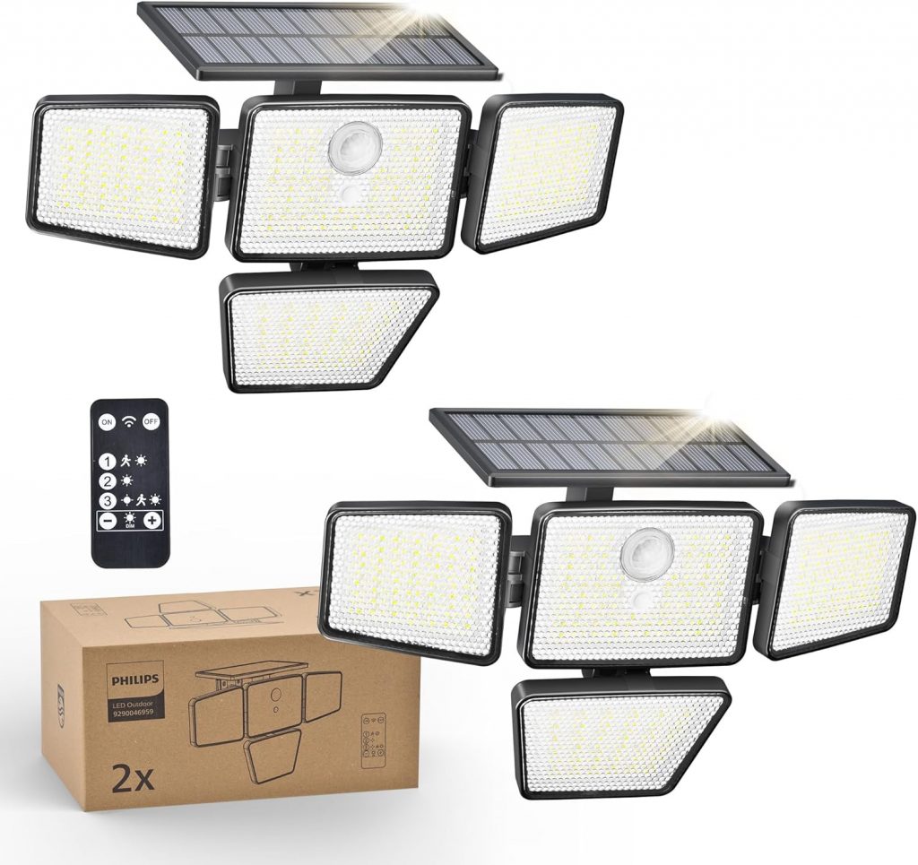 🤴 Philips Solarlampen f&uuml;r Au&szlig;en mit Bewegungsmelder, 196 LED mit PIR-Bewegungsensor, 3 Modi, 4 Verstellbare Lampenk&ouml;pfe, Solarbetriebene Au&szlig;enleuchte mit Fernbedienung, IP65 Wasserdicht (2 St&uuml;ck)