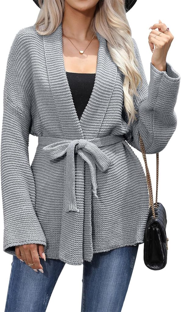 JFAN Strickjacke Damen V Ausschnitt Leichte Cardigan Casual Einfarbig Strickmantel Freizeit Jacket Langarm Mit Gürtel Elegant Top Grau M