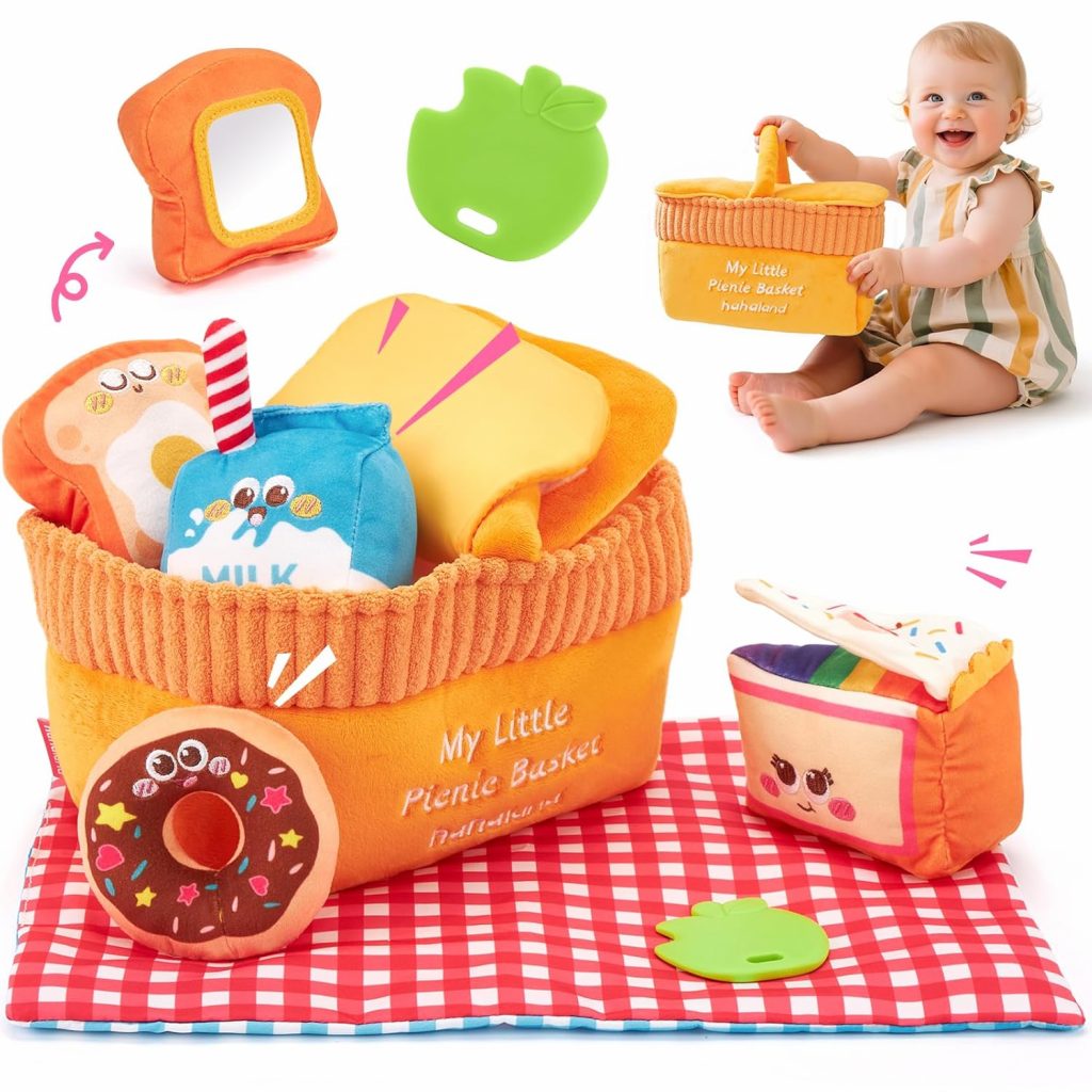 hahaland Plüsch Picknickkorb für Baby Spielzeug 6 7 8 9 10 Monate, Montessori Spielzeug Baby mit Rassel Beißring für…