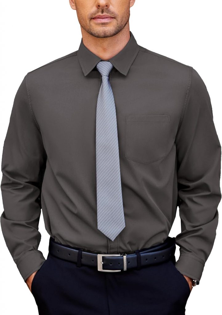 COOFANDY Hemd Herren Langarm Anzug Hemd Business Stretch Hemden Kent-Kragen Oberhemden Herrenhemden Manschettenhemd Dress Hemden mit Brusttasche Dunkelgrau M