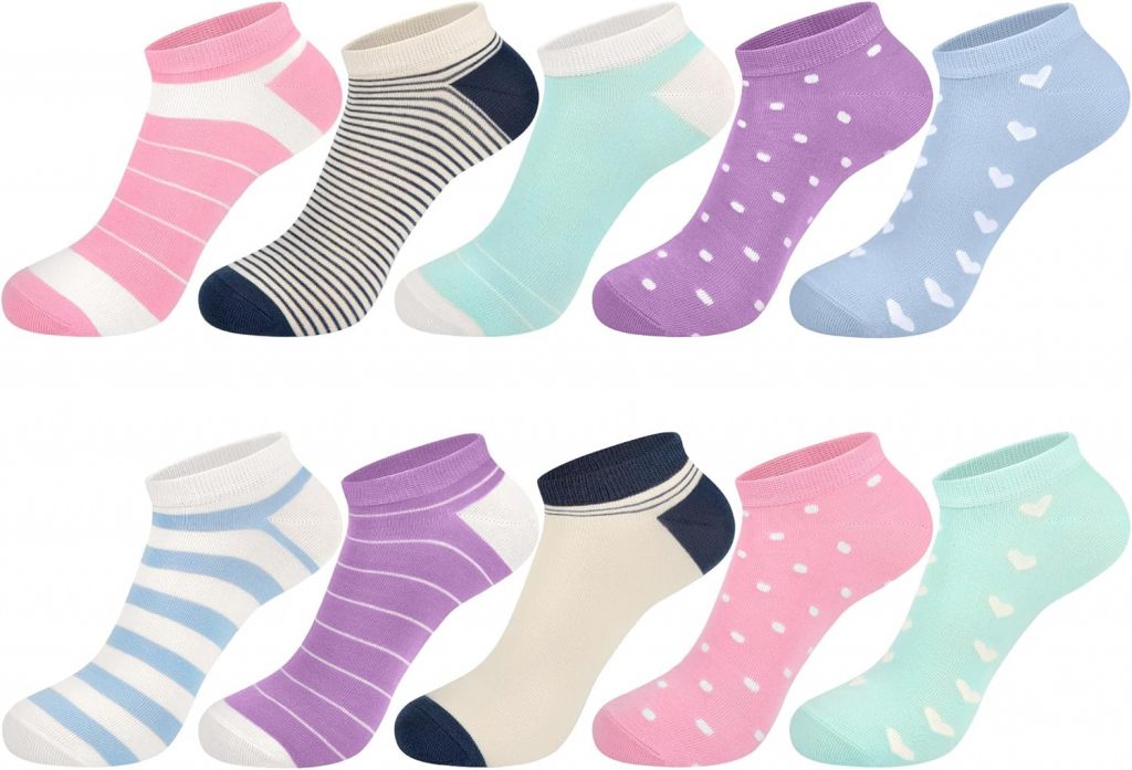 Softcozy 10 Paar Damen Crew Socken mit Mehrfarbigem Streifen, Punkt und Herzmuster, Weiche und Atmungsaktiveā¦