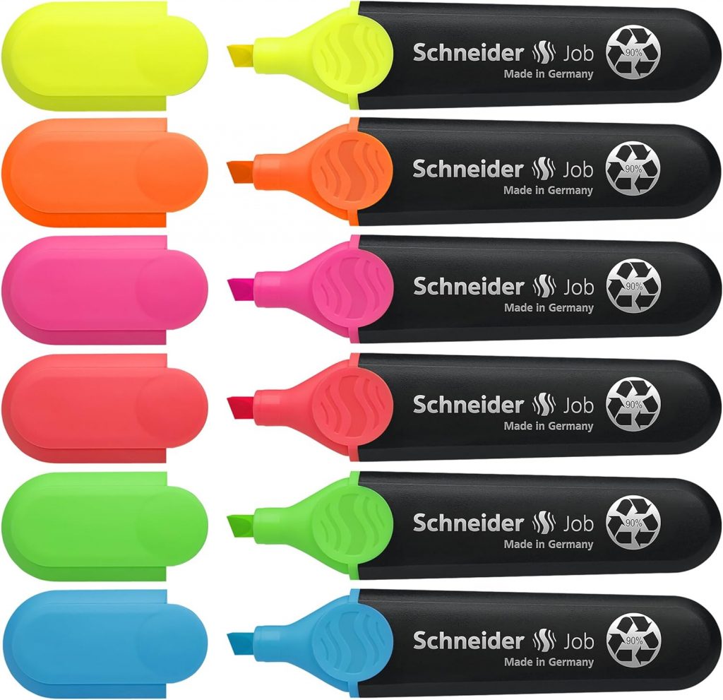 Schneider Job 150 Textmarker (mit Keilspitze für zwei Strichstärken, ausgezeichnet mit Der blaue Engel) Grün, Gelb…