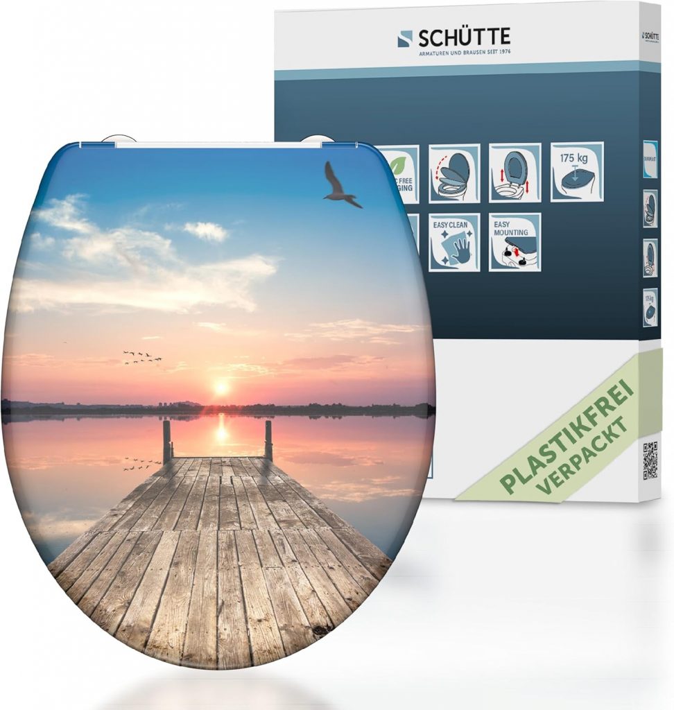 SCHÜTTE WC-Sitz SUNSET mit Absenkautomatik und Schnellverschluss aus Duroplast, Toilettendeckel mit 175kg…