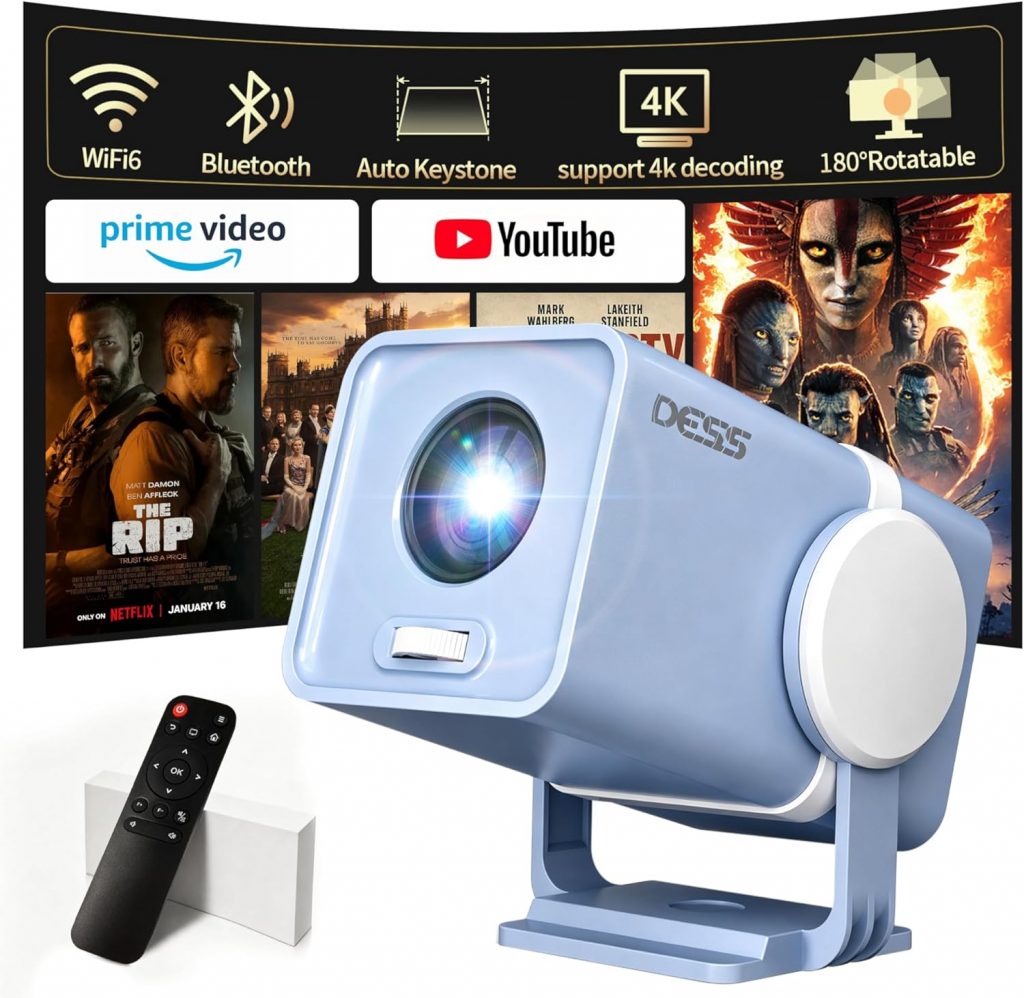 Mini Beamer 4K Unterstützt, Tragbarer Projektor,Android 13, WiFi6 & BT5.0, Short Throw Beamer Klein Manueller Fokus, 180°Drehbar, Mini Projektor für Handy unterwegs Blau/Weiß