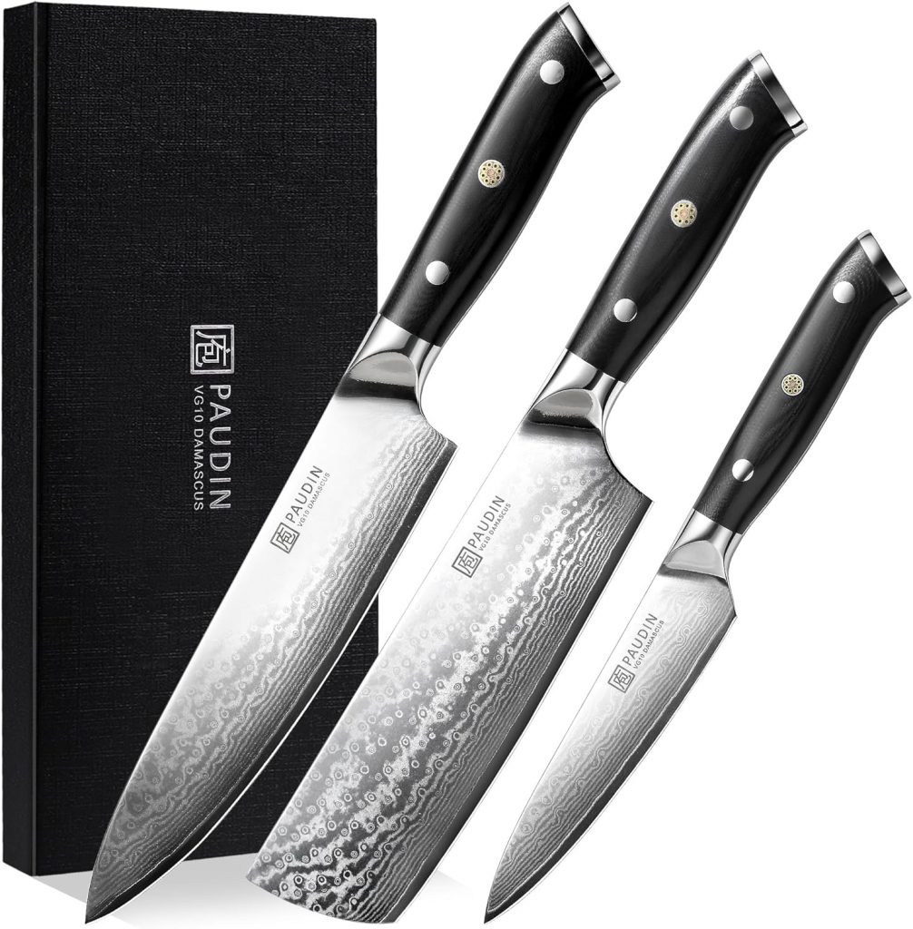 PAUDIN Damastmesser Set, 3-teiliges Messerset aus umweltfreundlichem & nachhaltigem 67 Schichten VG10 Damaststahl mit G10 Griff – Küchenmesser, japanisches messer, und Allzweckmesser mit hoher Härte