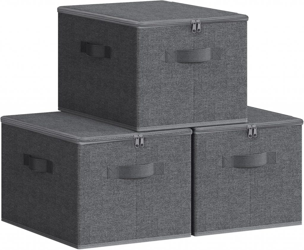 SONGMICS Aufbewahrungsbox mit Deckel, faltbare Stoffbox mit Griffen, Aufbewahrung für Kleidung, Vliesstoff, 3er Set, 40 x 30 x 25 cm, schiefergrau RYZB03G