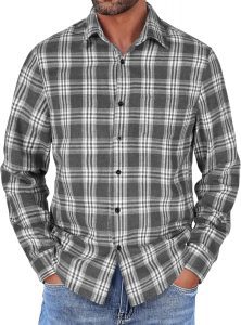 COOFANDY Herren Kariertes Hemd Langarm Freizeit Trachtenhemd Casual Basic Regular Fit Shirt mit Taschen für Männer Dunkelgrau-Weiß M
