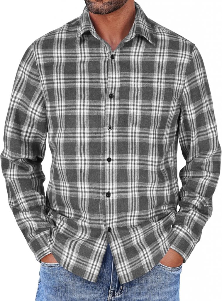 COOFANDY Herren Kariertes Hemd Langarm Freizeit Trachtenhemd Casual Basic Regular Fit Shirt mit Taschen für Männer Dunkelgrau-Weiß M
