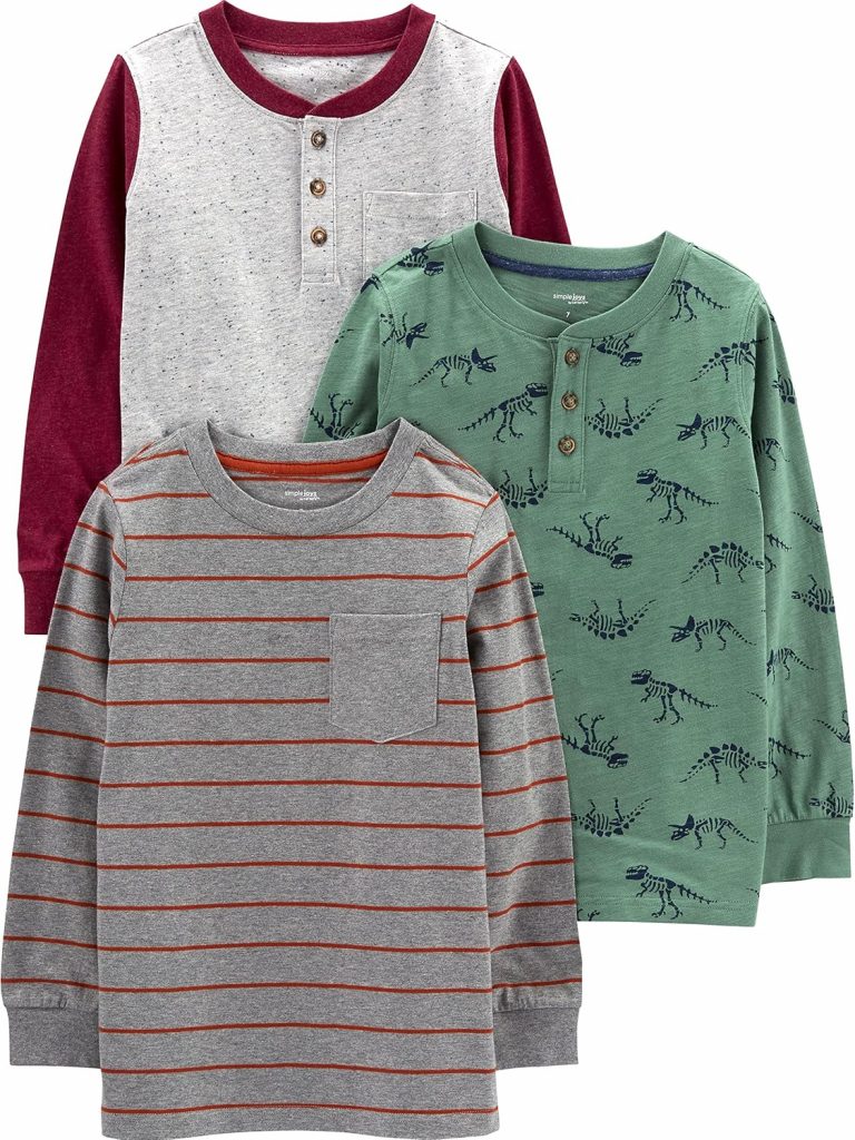 Simple Joys by Carter's Jungen Long-Sleeve Shirts, Pack of 3 Hemd, Dunkelgrau Streifen/Fichtengrün Dinosaurier/Grau Punkte, 12 Monate (3er Pack)