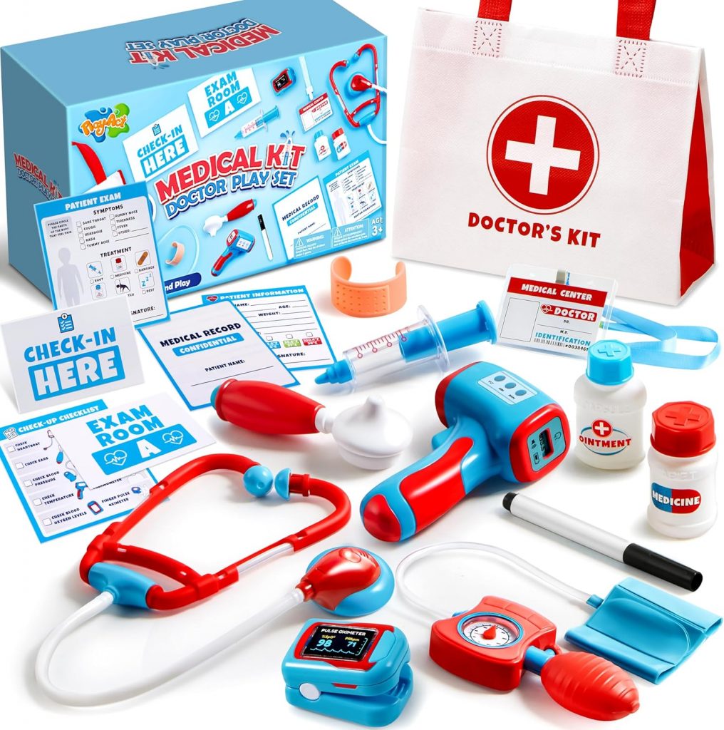 Play-Act Kids Doctor Kit, 16-teiliges Pretend Play Medical Kit mit Tasche, Doktor Rollenspiel Set mit realistischem Spielzeug Stethoskop, Wiederverwendbare Rekordkarten, Dress Up Spielset für