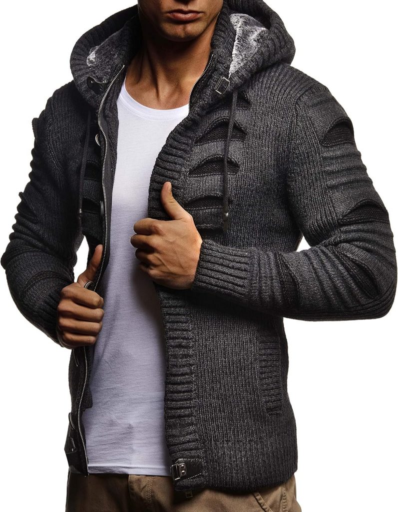 🤴 Leif Nelson Strickjacke Herren mit Kapuze & Reissverschluss &ndash; Strick Sweatjacke M&auml;nner Cardigan f&uuml;r Winter & Sommer