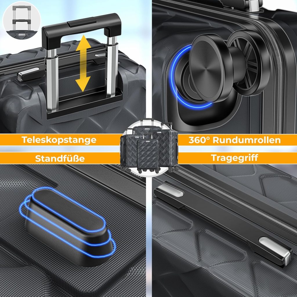 KESSER® Reisekoffer Set 4-teilig Kofferset ABS Hartschalenkoffer mit Zahlenschloss, Kofferwaage & Reisebrieftasche 360° Rollen Handgepäck & große Koffer für Business & Reise Trolley Charcoal