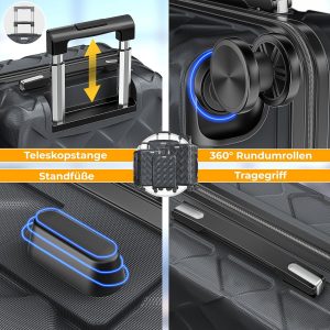 KESSER® Reisekoffer Set 4-teilig | Kofferset ABS Hartschalenkoffer mit Zahlenschloss, Kofferwaage & Reisebrieftasche 360° Rollen | Handgepäck & große Koffer für Business & Reise Trolley Charcoal