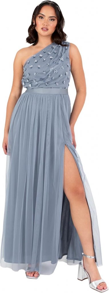 Maya Deluxe Women's Maxi Dress Ladies One Shoulder Sleeveless Floral Sequin Embellished Sash Tie Belt Tulle A-line…
