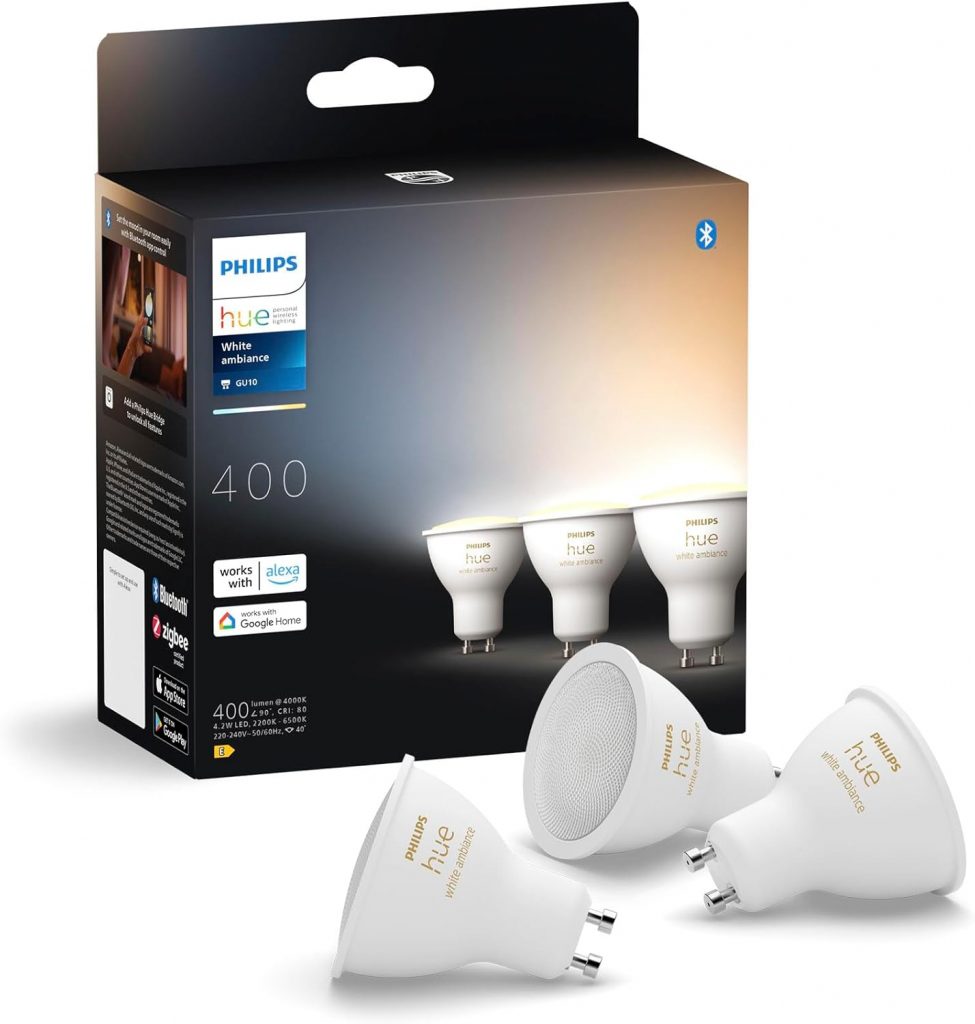Philips Hue White Ambiance GU10 LED Spot 3er Pack (400lm), dimmbare LED Lampen…