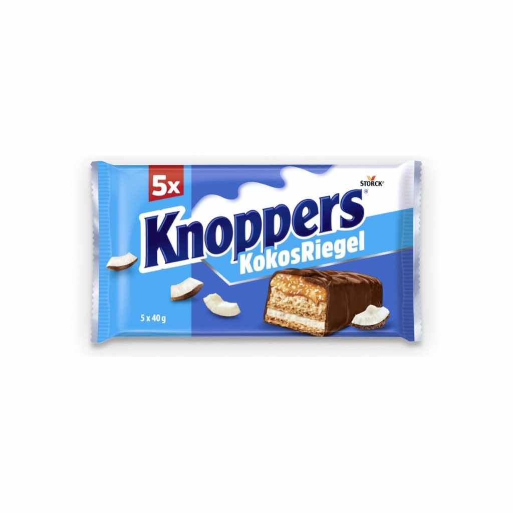 Knoppers KokosRiegel – 1 x 200 g (5 Riegel) – Schokoriegel mit Milch- und Kokoscreme, Haselnüssen, Kokosraspeln…