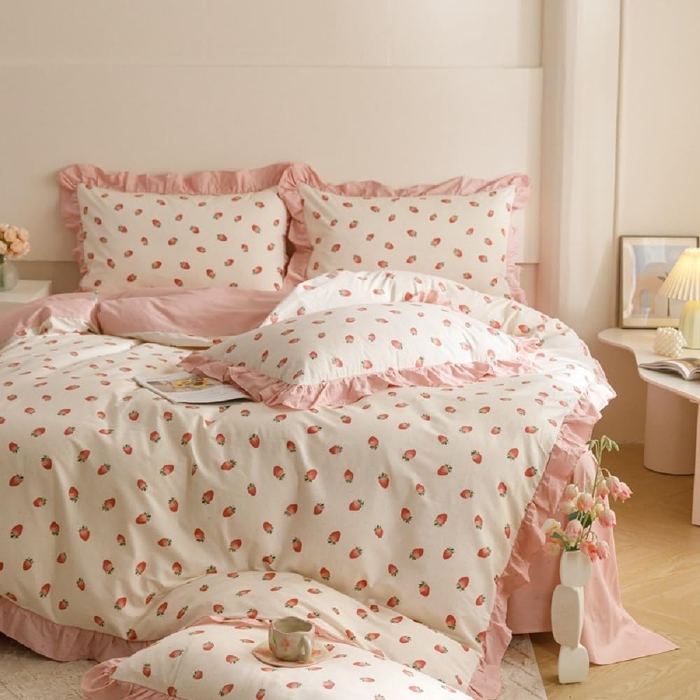 Sedefen Bettwäsche 220×240 cm mit Rüschen Rosa Erdbeeren Muster Wendebettwäsche…